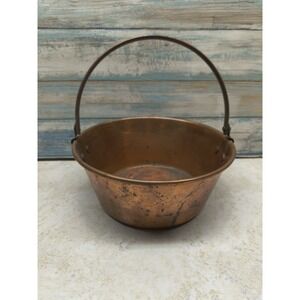 Vintage Rustic Solid Copper Bucket Basket with Brass Handle